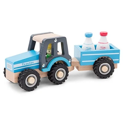 Abbildung von New Classic Toys 11942 Spielfahrzeuge Traktor mit Anhänger und Milchkannen, Blau