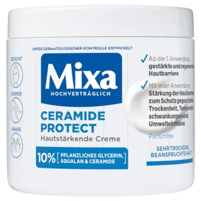 Abbildung von Mixa Ceramide hautstärkende Creme mit 10% pflanzlichen Glycerin, Squalan und für sehr trockene &amp; beanspruchte Haut Feuchtigkeitsspendend ,für die ganze Familie, Protect, 400 ml