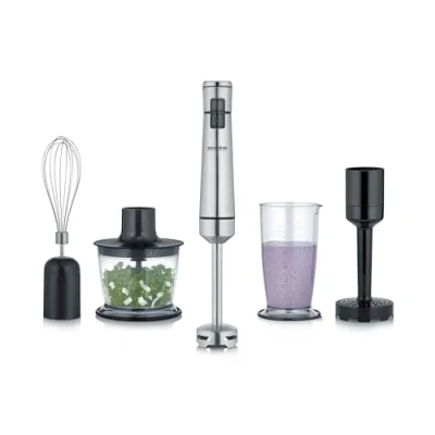 Abbildung von SEVERIN Kabelloser Stabmixer mit Premium Set, abnehmbarer Mixstab, Pürierstab, Multizerkleinerer, Mixbehälter, Kartoffelstampfer &amp; Schneebesen, schwarz/Edelstahl gebürstet, SM 3775