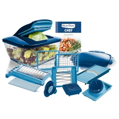 Abbildung von Genius Gemüseschneider Gemüsehobel Nicer Dicer Chef 15 tlg., Gemüse Schneider, Spiralschneider, Reibe für und Käse, Multizerkleiner, Gurkenhobel, Vegetable Chopper mit XXL Glasschale Rezept