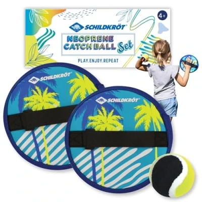 Abbildung von Schildkröt Funsports, 2 Handfänger mit weitenverstellbarer Handschlaufe, 1 Ball (Ø6,25 cm), alles in wiederverschließbarer Netztasche, Single, Neopren Klettball Set, 970146, One Size