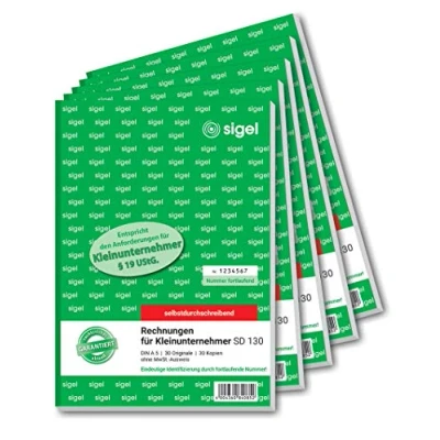 Abbildung von SIGEL SD130/5 Rechnungen für Kleinunternehmer A5, 2x30 Blatt, ohne MWST Ausweis, selbstdurchschreibend, 5 Stück, mikroperforiert, mit Abheftlochung, aus nachhaltigem Papier
