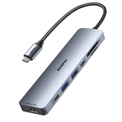 Abbildung von BENFEI 7 in 1 USB C Hub mit HDMI 4K@60Hz, 2 A, Daten, 100W Aufladung, SD/TF Kartenleser [verwicklungsfreies Silikonkabel] für MacBook Pro/Air, iPad Pro, iMac, iPhone 15 Pro/Pro Max