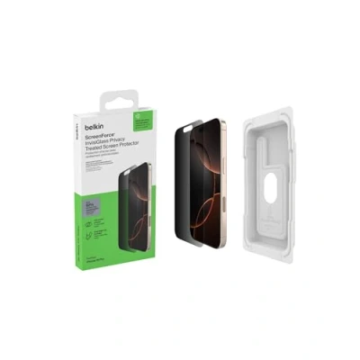 Abbildung von Belkin ScreenForce InvisiGlass iPhone 16 Pro Sichtschutz, kratzfester Stoßschutz Schutzfolie aus recyceltem Glas, Positionierungsschale für blasenfreie Applikation, Displayschutz
