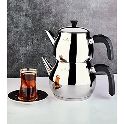 Abbildung von Karaca Kayra Schwarzes Türkisches Teekannen Set, Induktionsgeeignet, 1L Teekanne &amp; 1.75L Teekessel aus Edelstahl, Spülmaschinenfest, Türkische Teekanne, Teekocher, Tea Maker, Caydanlik, Demlik