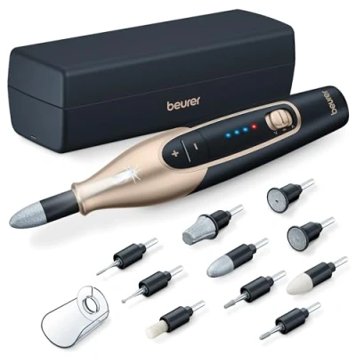 Abbildung von Beurer MP 84 Special Edition Maniküre /Pediküreset, elektrische Nagelfeile mit Akku, 10 Aufsätze, LED Licht, inkl. Aufbewahrungsetui, bis zu 4400 U/min, Nagelfräser zur Hand und Fußpflege, schwarz