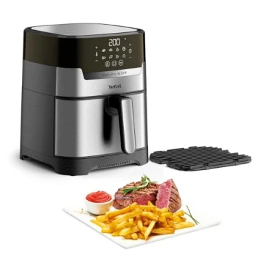 Abbildung von Tefal EY505D Easy Fry &amp; Grill Heißluftfritteuse 2 in 1 Technologie (Air Fryer und Grill) Digitales Display 4,2 Liter für 6 Portionen 8 Kochprogramme energiesparend ohne Öl Edelstahl, XL