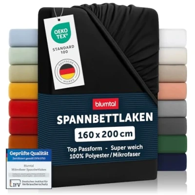 Abbildung von Blumtal® Spannbettlaken 160x200cm aus Microfaser Oekotex zertifiziertes Bettlaken 160x200 Spannbetttuch / cm Spannleintuch Schwarz