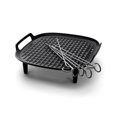 Abbildung von Philips Airfryer Zubehör Grillkit XXL, Antihaft Grillplatte, doppellagiges Kochen, mit 6 Spießen, spülmaschinenfest, Rezept App, schwarz (HD9959/00)