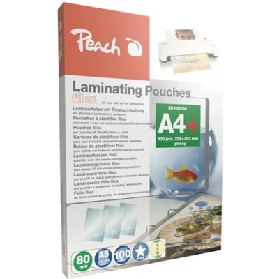 Abbildung von Peach Laminierfolien A4 80 mic 100 pouches abheftbar zum praktischen Abheften im Ordner kompatibel mit Laminiergeräten aller Markenhersteller S PP580 21