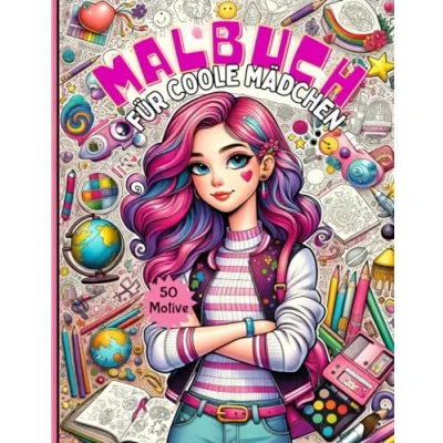Abbildung von Malbuch für Coole Mädchen Geschenk ab 10 Jahren: Beschäftigungsbuch mit 50 Motiven (Portraits, Muster, Tiere, Pferde) und Teenager
