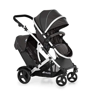 Abbildung von hauck Duett 2 Geschwisterwagen inkl. Regenschutz für Kinder bis je 15 kg, Hauptsitz umbaubar zur Babywanne ab Geburt mit Liegeposition, Zweitsitz Abnehmbar, Höhenverstellbar (Black Forest)