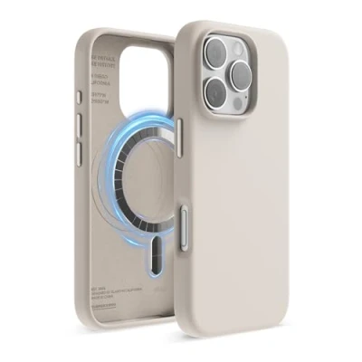Abbildung von elago Magnetisch Silikon Hülle Kompatibel mit iPhone 16 Pro 6,3 Zoll, Allen MagSafe Zubehör Eingebaute Magnete, Soft Grip Silikon, Stoßfest (Taupe)