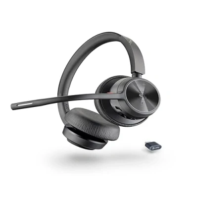 Abbildung von Poly Voyager 4320 UC schnurloses Headset, Stereo Kopfhörer mit Noise Cancelling Mikrofonarm, Verbindung PC/Mac/Mobiltelefon über Bluetooth, Kompatibel Teams (zertifiziert), Zoom und andere