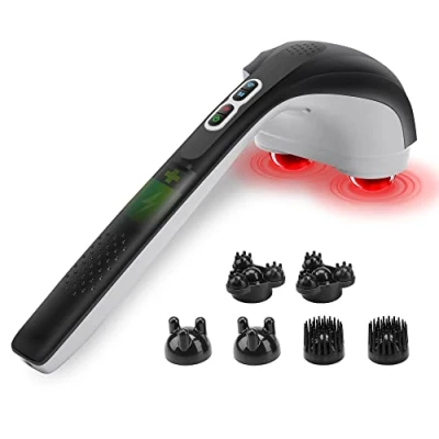 Abbildung von Snailax Kabelloses Massagegerät mit Wärmefunktion, Percussion Handmassagegerät 3 Sätze Doppel Ersatzköpfe, wiederaufladbares Handheld für Nacken, Rücken, Schulter Schmerzlinderung