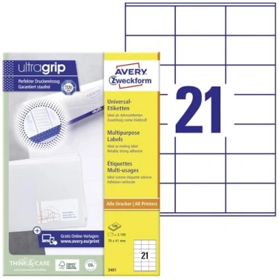 Abbildung von AVERY Zweckform 3481 Adressaufkleber (2.100 Klebeetiketten, 70x41mm auf A4, Papier matt, bedruckbare Absenderetiketten, selbstklebende Adressetiketten mit ultragrip) 100 Blatt, weiß