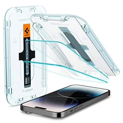 Abbildung von Spigen Glas.tR EZ Fit Schutzfolie kompatibel mit iPhone 14 Pro, 2 Stück, Kratzfest, 9H Härte Folie