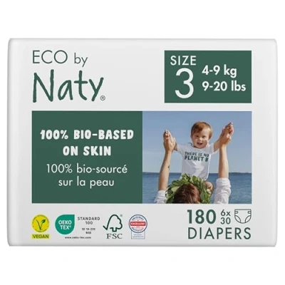 Abbildung von Eco by Naty Baby Öko Windeln umweltfreundliche Premium Bio aus pflanzenbasierten Materialien, ideal für empfindliche Babyhaut (Größe 3 180 Stück) MONATSBOX