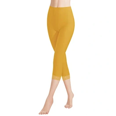 Abbildung von Libella Damen Leggings 3/4 Hose mit Spitze aus Baumwolle Capri Hohe Taille bunt Slim Fitnesshose Gelb S 4166