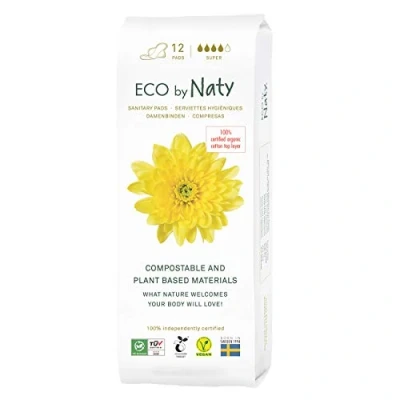 Abbildung von Eco by Naty Damenbinden Super Pflanzliche und saugfähige Bio Hygienebinden mit Flügeln, Menstruationsprodukt aus Baumwolle, Besser für die weibliche Gesundheit (12 Stück)