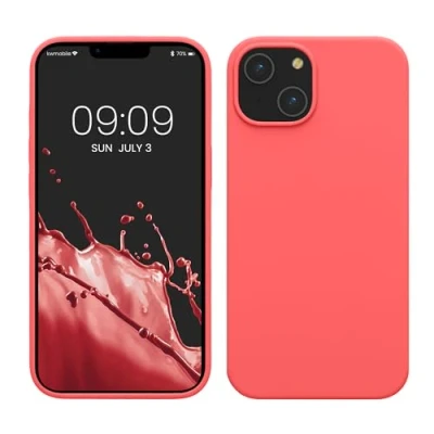 Abbildung von kwmobile Hülle für das iPhone 14 dünnes Silikon Handy Case stoßfeste Handyhülle mit weicher Oberfläche unterstützt kabelloses Laden Neon Koralle