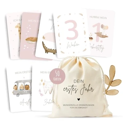 Abbildung von MeinBaby123® Meilensteinkarten &quot;Dein erstes Jahr&quot; Meilenstein Karten Set Geschenk zur Geburt Fotokarten für das erste Jahr 50 Inkl. Baumwollsäckchen (rosa)