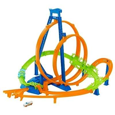 Abbildung von Hot Wheels Track Set, Episches Crash Rennen mit 5 Zonen, motorisiertem Beschleuniger und 1 Auto im Maßstab 1:64, leicht aufzubewahren, HTP55