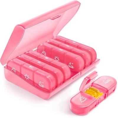 Abbildung von AUVON wöchentlicher Pillendose 7 Tage 3 Fächer, tragbare Tablettenbox mit großen separaten Fächern für Medikamente, Vitamine, Fischöl, Nahrungsergänzungsmittel usw.(Rosa)