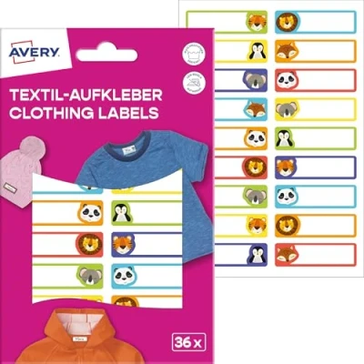 Abbildung von AVERY Zweckform ETVET36A Namensaufkleber Tiere wasserfest Kleidung 36 Stück (13x45mm, Vinyl Folie, selbstklebende Textil Etiketten, beschriftbare Textilaufkleber, für Waschmaschine, Trockner) bunt