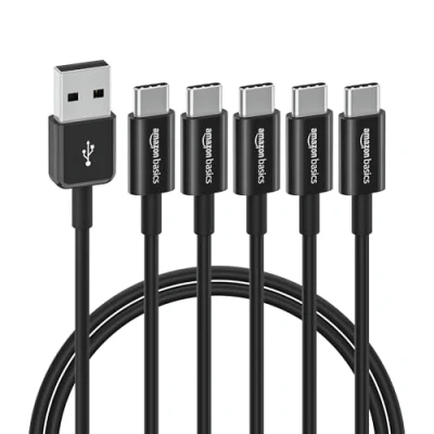 Abbildung von Amazon Basics Schnellladekabel, USB C auf A 2.0, 5 Stück, 480 MBit/s, IF zertifiziert, für Apple iPhone 15, iPad, Samsung Galaxy, Tablets, Laptops, 0.9 m, schwarz
