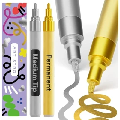 Abbildung von Artistro Permanent Marker Gold und Silber 2 Stück Acrylstifte Wasserfest Filzstift mit 3 mm Spitze, Schnell Trocknender Glanzlackmarker für Textil, Stein, Keramik, Glas, Holz, Metall, Karton