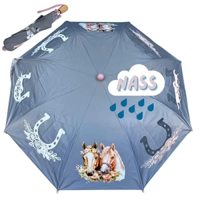 Abbildung von HECKBO Magic &amp; Reflektor Mädchen Regenschirm Pferd wechselt bei Regen die Farbe 360 Sichtbarkeit im Straßenverkehr Faltregenschirm: passt in jeden Schulranzen
