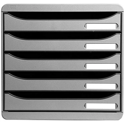 Abbildung von Exacompta 309740D Premium Ablagebox mit 5 Schubladen für DIN A4+ Dokumente. Stapelbare Schubladenbox hoher Kapazität mehr Platz auf dem Schreibtisch Big Box Plus Office Lichtgrau