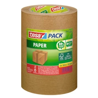 Abbildung von tesa tesapack Paper ecoLogo im 3er Pack Umweltgerechtes Paketband aus Papier, 60% biobasiertes Material Braun 3 Rollen je 50 m x 50mm