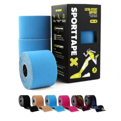 Abbildung von 3 Rollen SPORTTAPE Kinesiologie Tape Blau 5 cm x 5 m elastisch &amp; wasserfest Physio/tape sport, hautfreundlich Baumwolle, starke Haftung, selbstklebend, latexfrei für Muskel Gelenk Support