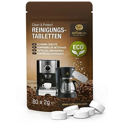 Abbildung von 80 Reinigungstabletten für Kaffeevollautomaten von Delonghi, Siemens, EQ Series, Jura, Krups, Bosch, Miele, Melitta, WMF usw. Coffeeano Reinigungstabs Kaffeemaschinen aller Art und Marken