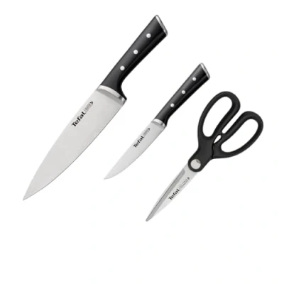 Abbildung von Tefal K232S355 Ice Force 3 teiliges Messerset Kochmesser Universalmesser Küchenschere Klinge aus deutschem Edelstahl lang anhaltende Schneidleistung und Schärfe Edelstahl/Schwarz
