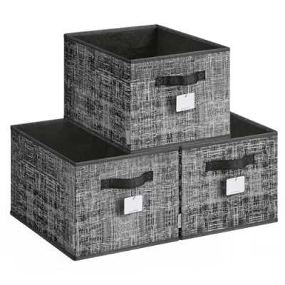 Abbildung von SONGMICS Aufbewahrungsbox 3er Set, zusammenklappbar, Stoffboxen aufbewahren, 40 x 30 24 cm, für Kleiderschrank, 2 Griffe, Etikette, Schlafzimmer Wohnzimmer, tintenschwarz ROB440B01