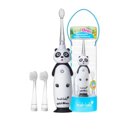 Abbildung von Brush Baby WildOnes Kinder Elektrische Wiederaufladbare Zahnbürste, 1 Griff, 3 Bürstenköpfe, USB Ladekabel, für Alter 0 10 (Panda)