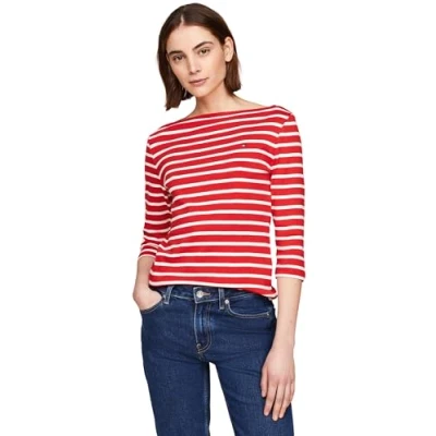 Abbildung von Tommy Hilfiger Damen Langarmshirt Slim U Boot Ausschnitt, Mehrfarbig (Breton Fierce Red/Ecru), XXS