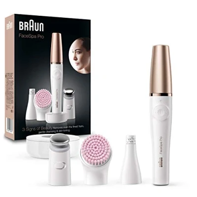 Abbildung von Braun FaceSpa Pro SE912, 10 Mikropinzetten, Aufsatz zur Hautstraffung und Gesichtsreinigungsbürste, epilierer damen gesicht, wiederaufladbar, 90 Minuten kabellose Anwendung, Wet&amp;Dry, Weiß/Bronze