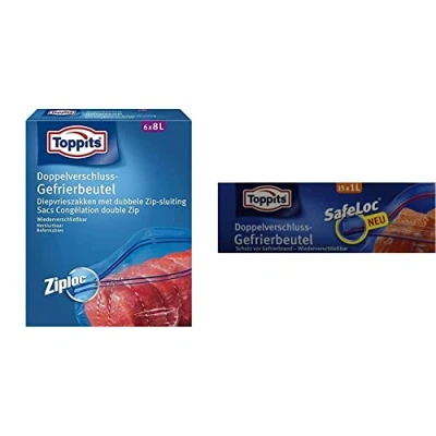 Abbildung von Toppits Doppelverschluss Gefrierbeutel, SafeLoc Verschluss, 8 Liter, Standboden, 6 Stück, Transparent