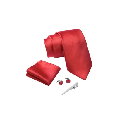 Abbildung von Krawatte rot mit Einstecktuch Set Herren inkl. roten Manschettenknöpfe, Krawattennadel und Geschenkbox Rotes Männer Krawattenset zur Hochzeit