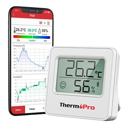 Abbildung von ThermoPro TP357 80m Bluetooth Hygrometer Innen Raumthermometer Digital mit APP Mini Luftfeuchtigkeitsmesser Smiley Indikator Datengrafik für Innenraum, Büro, Weinkeller, Gewächshaus