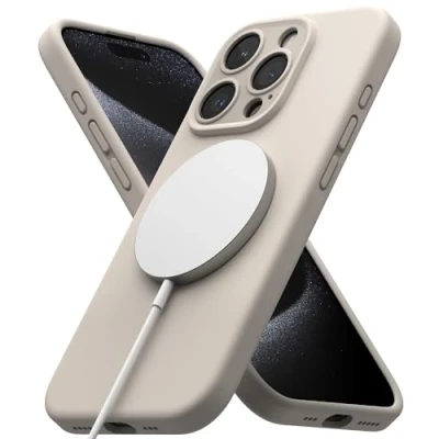Abbildung von Ringke Magnetic Case Kompatibel mit iPhone 15 Pro Hülle 6,1 Zoll MagSafe [Silicone Magnetic] Kameraschutz und Weiches Gefühl Silikon Magnetische Handyhülle Stone