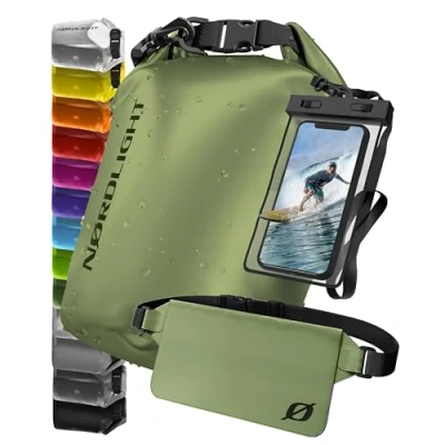 Abbildung von Nordlight wasserdichte Tasche 3er Set (Olivgrün) Dry Bag 10l + Handyhülle Hüfttasche IPX8 Schutz Mit Verstellbaren Gurten Für Strand, Stand Up Paddling