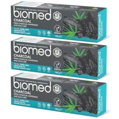 Abbildung von BIOMED Holzkohle Zahnpasta 3x100g, sanfte Aufhellung und Zahnfleischpflege, stärkt stellt den Zahnschmelz wieder her, entfernt Plaque, erfrischt Atem, frei von Fluorid, SLS, PEG, Saccharin