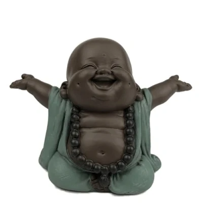 Abbildung von Lachender Buddha Willkommen Glücksbringer Statue Zen und Feng Shui Dekoration für eine entspannende spirituelle Atmosphäre Geschenkidee Breite: 9cm Farbe: Grün Braun Zen&#039;Light