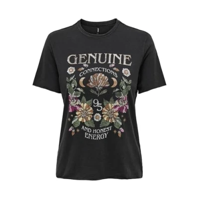 Abbildung von ONLY Damen Bedrucktes T Shirt Kurzarm Basic Rundhals Top mit Schrift Printed Shortsleeve ONLLUCY, Farben:Schwarz 6, Größe:M