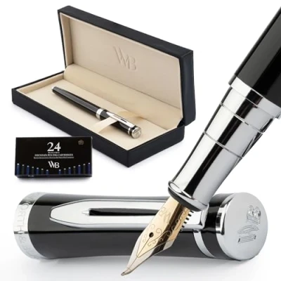 Abbildung von Wordsworth &amp; Black Füllfederhalter Set, gebogene Spitze, inklusive 24 Tintenpatronen, Kolbenkonverter und Geschenkbox, verchromt, Kalligraphie, Schwarz Chrom